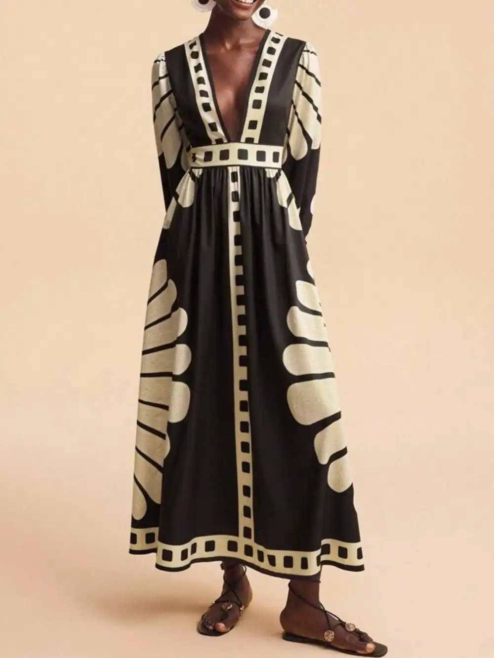 Printed V Neck Long Sleeve Dress Casual