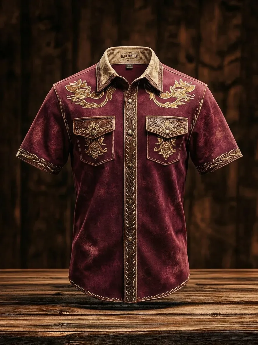 Men's Western Cowboy Floral Embroidery Printed Shirt-4