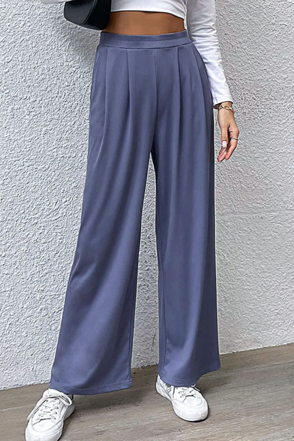 Pleated Detail Wide Leg Pants With Pocket