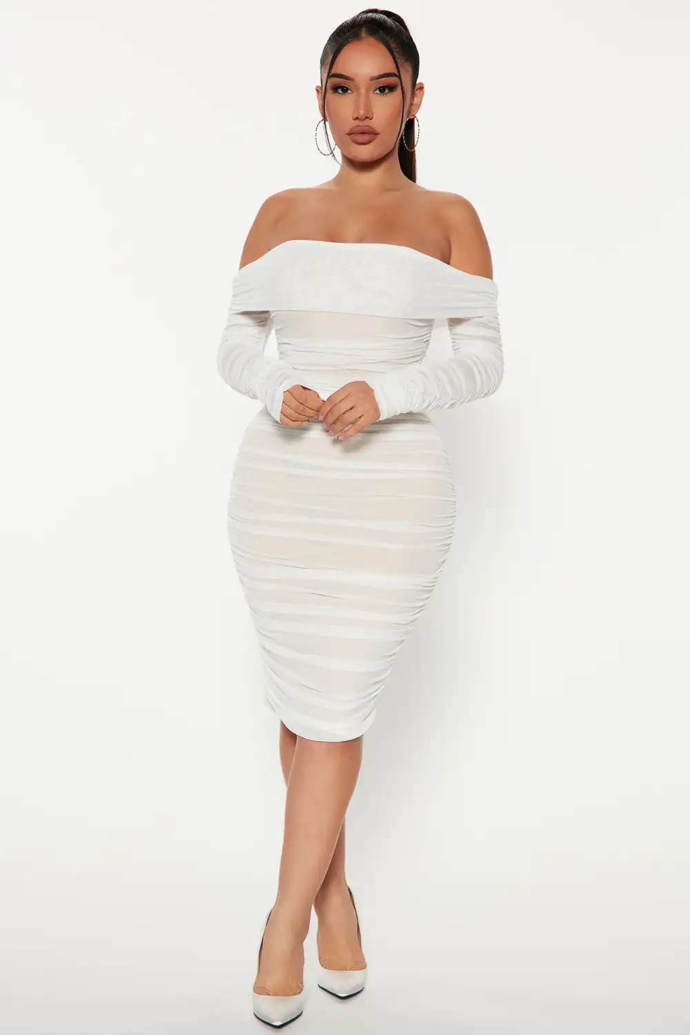 Ready In A Ruched Off Shoulder Midi Dress - White