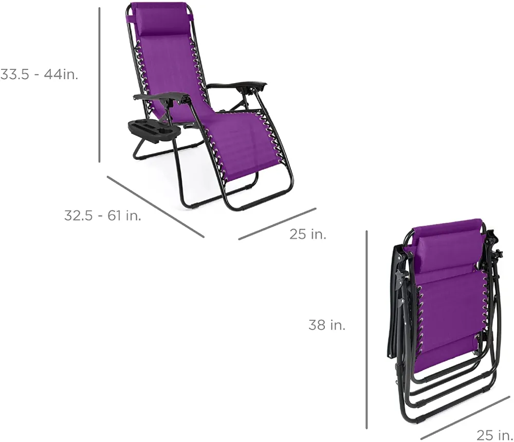 Set of 2 Adjustable Steel Mesh Zero Gravity Lounge Chair Recliners w/Pillows and Cup Holder Trays