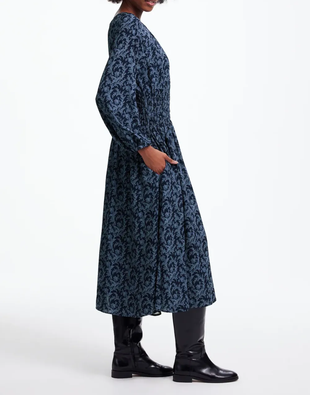 Bubble-Sleeve Smocked Maxi Dress in Floral