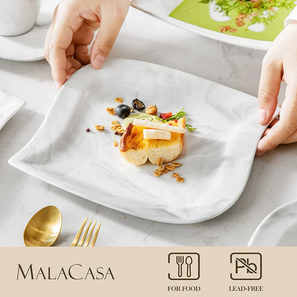 MALACASA Dish Set for 12, 60 Piece Marble Grey Square Dinnerware Sets, Porcelain Dinner Set with Plates and Bowls Sets, Cups and Saucers, Dishware Sets Kitchen Dishes Microwave Safe, Series Blance