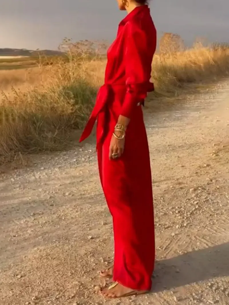 Tie High Waist Long Sleeve Slit Dress