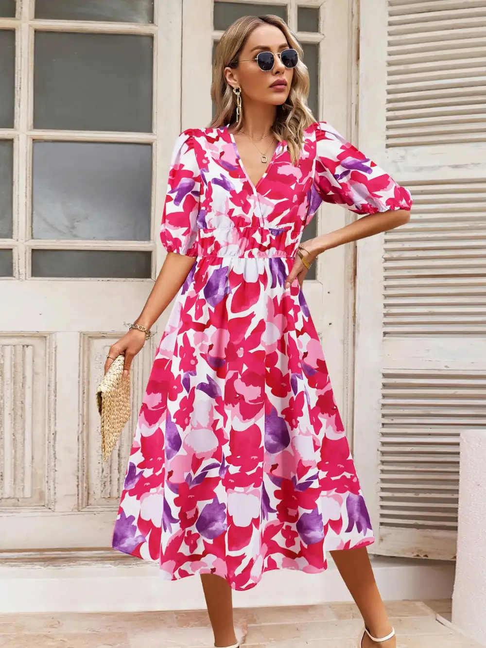 Boho Chic  Ruched Printed Surplice Short Sleeve Dress