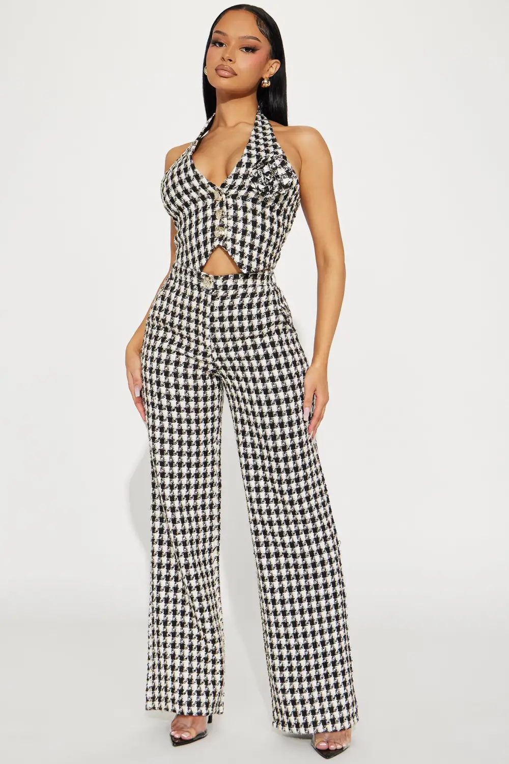 Naya Tweed Vest Pant Set - Black/White