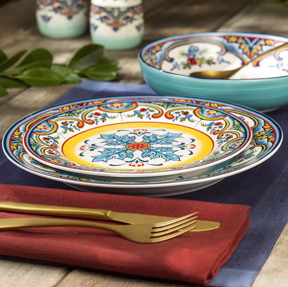 Euro Ceramica Zanzibar Double Bowl 16-Piece Dinnerware Set | Fine Kitchenware | Floral Multicolor Design Stoneware Tableware Service For 4