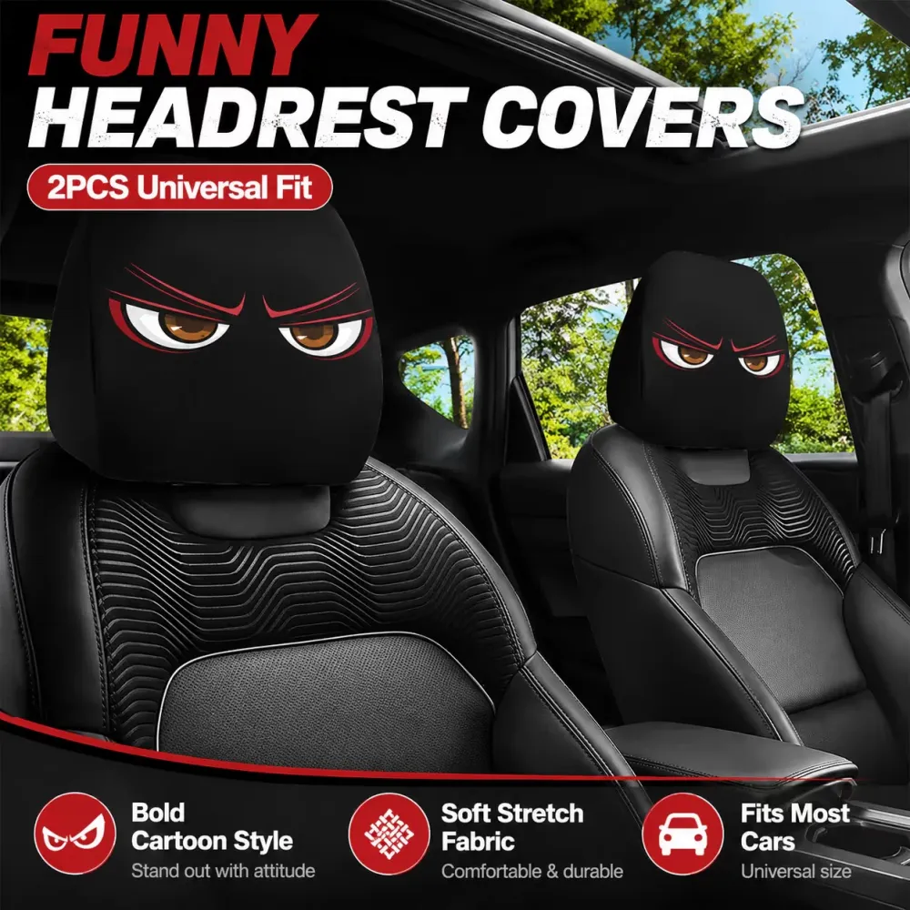 Black & White Creepy Smile Design Car Headrest Cover Stretch Universal Horror Car Dust Cover