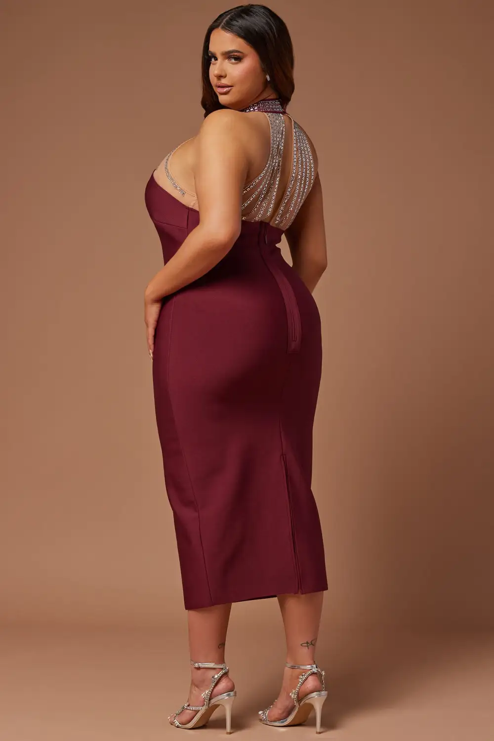 Lina Embellished Bandage Midi Dress - Burgundy