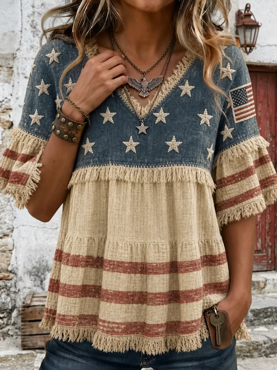 Women's Vintage 250th Anniversary Fourth Of July Print Patchwork Shirt