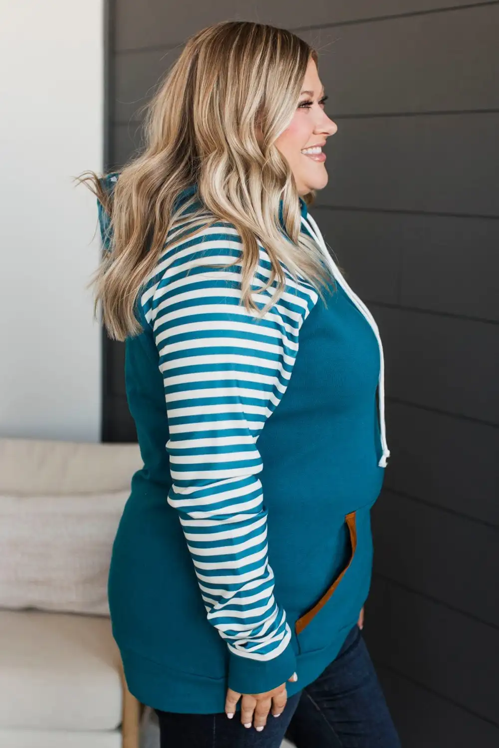 Major Impression Striped Drawstring Hoodie- Teal