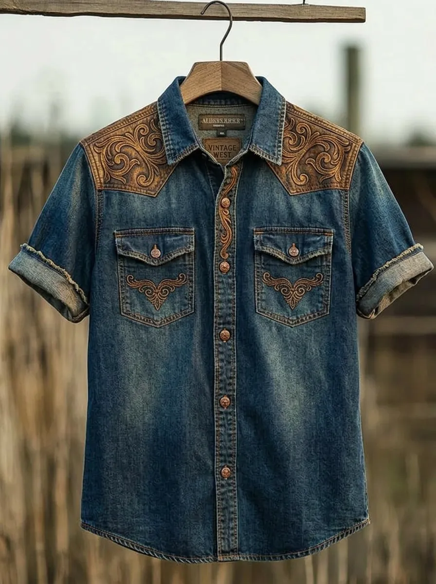 Men's Western Style Tooled Leather Pattern Printed Denim Shirt
