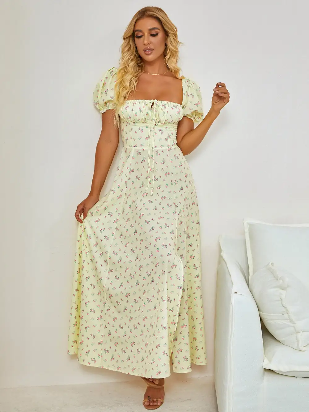 Puff Sleeve High Split Floral Print Dress