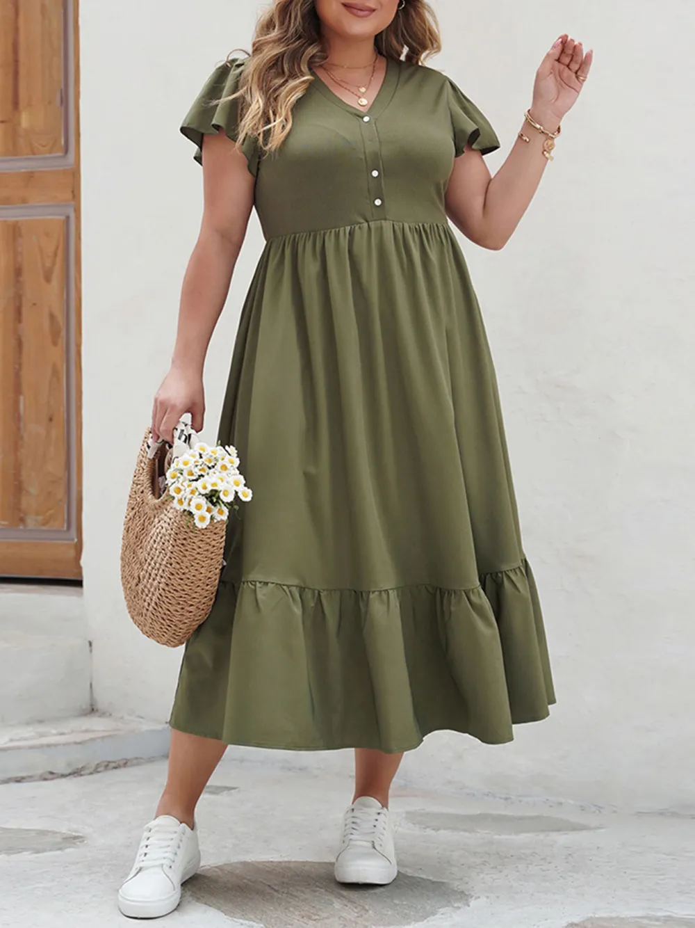 Plus Size Women Dress V Neck Lotus Sleeve Casual Loose Swing Long Dress