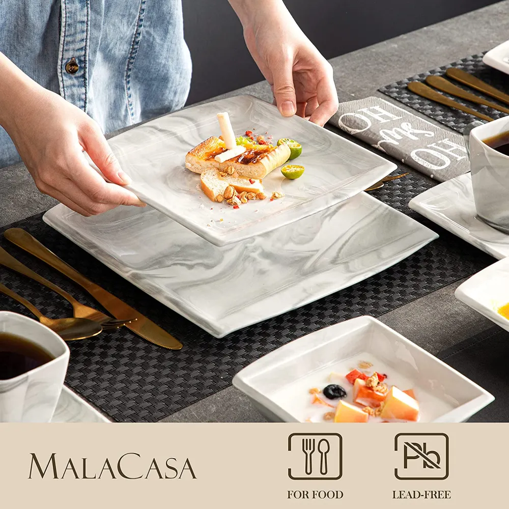 MALACASA Dish Set for 12, 60 Piece Marble Grey Square Dinnerware Sets, Porcelain Dinner Set with Plates and Bowls Sets, Cups and Saucers, Dishware Sets Kitchen Dishes Microwave Safe, Series Blance