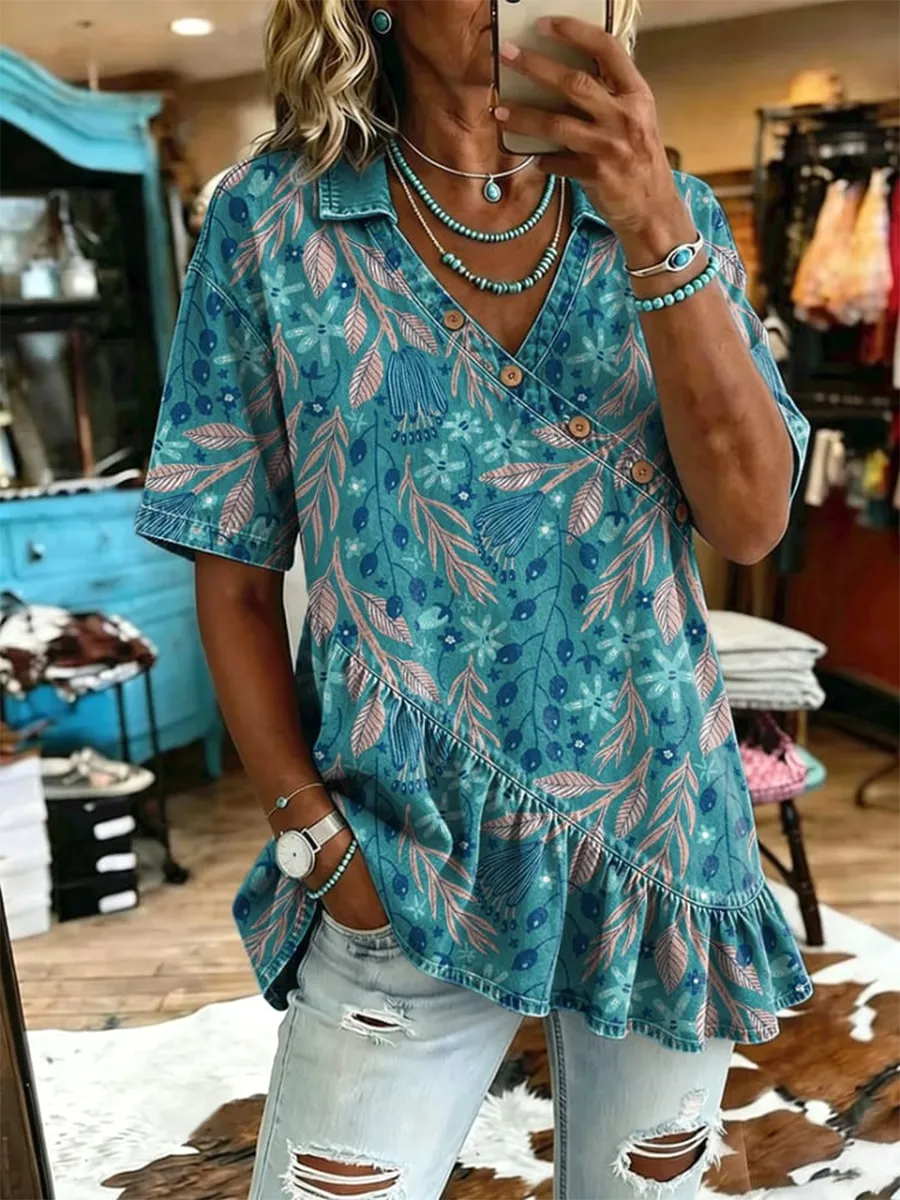 Women's Vintage Flowers Print Casual Ruffles Denim Short Sleeve Shirt