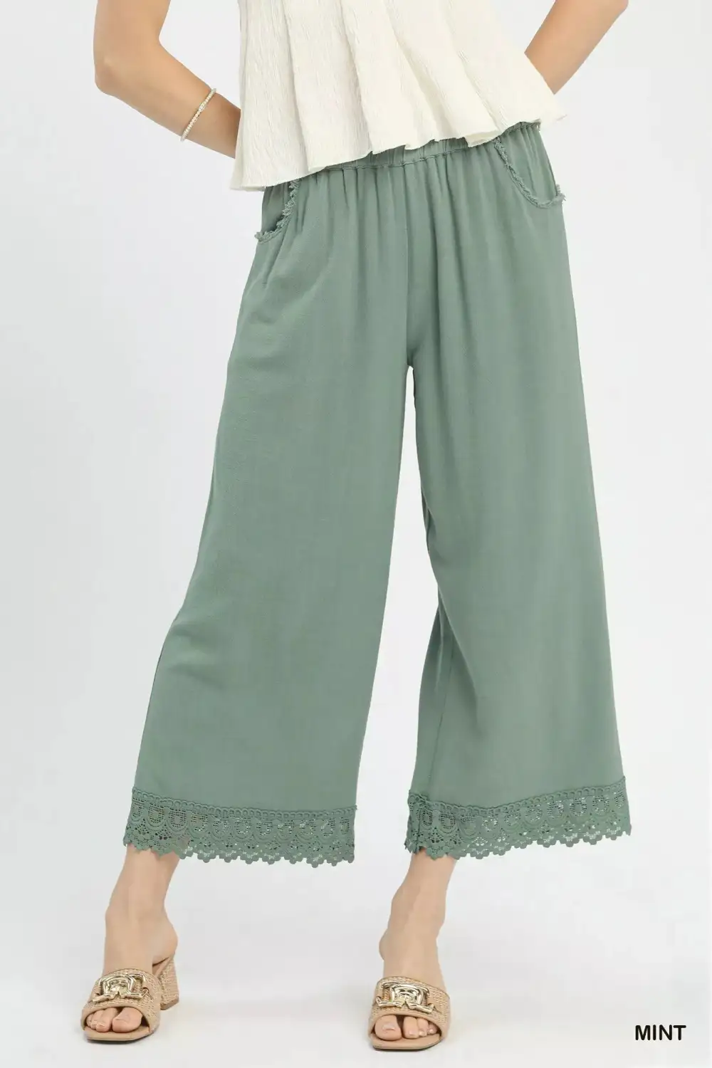 Everyday Linen Wide Leg Cropped Pants with Lace Trim