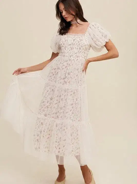 Beauty and Grace Floral Print and Mesh Puff Sleeve Maxi Dress