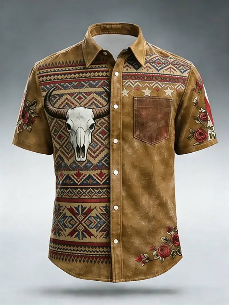 Men's Bull Skull & Rose Embroidered Short Sleeve Shirt