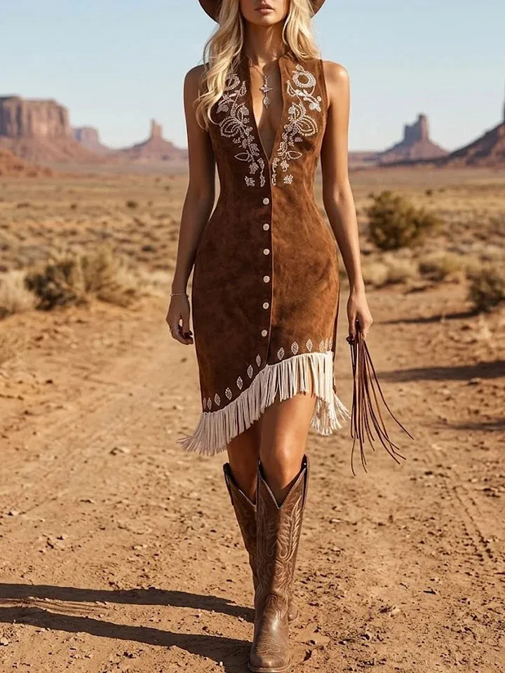 Women's West Brown Imitation Suede Embroidered Tassel Mini Dress