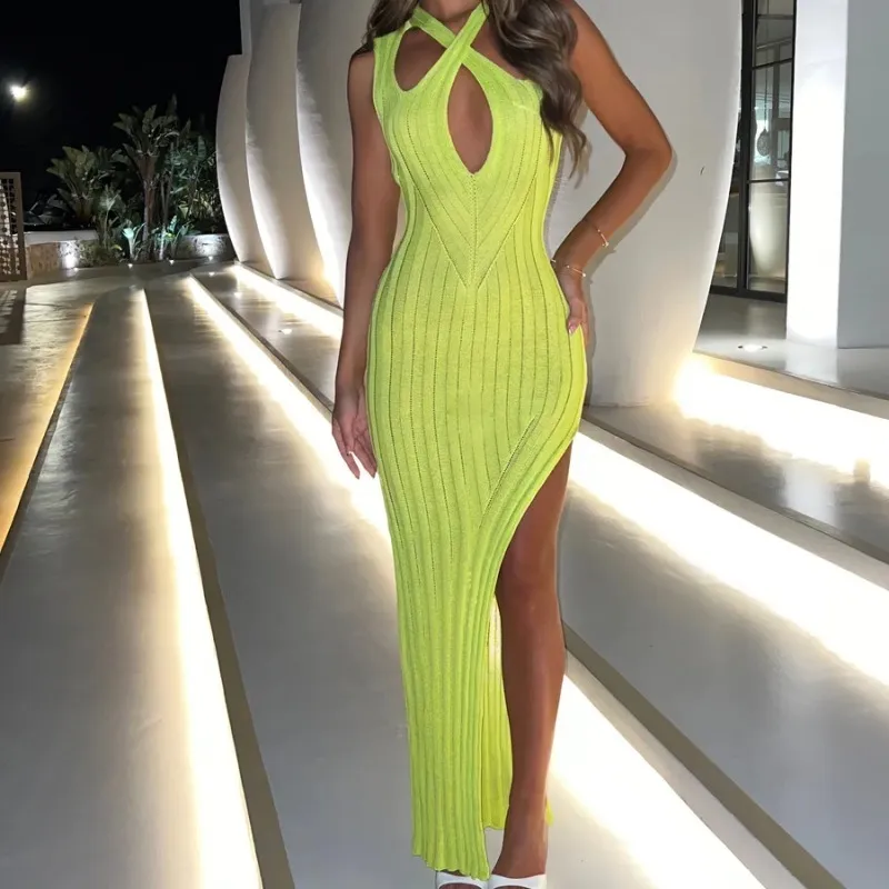 Fashion tight solid color knitted striped side slit dress for women
