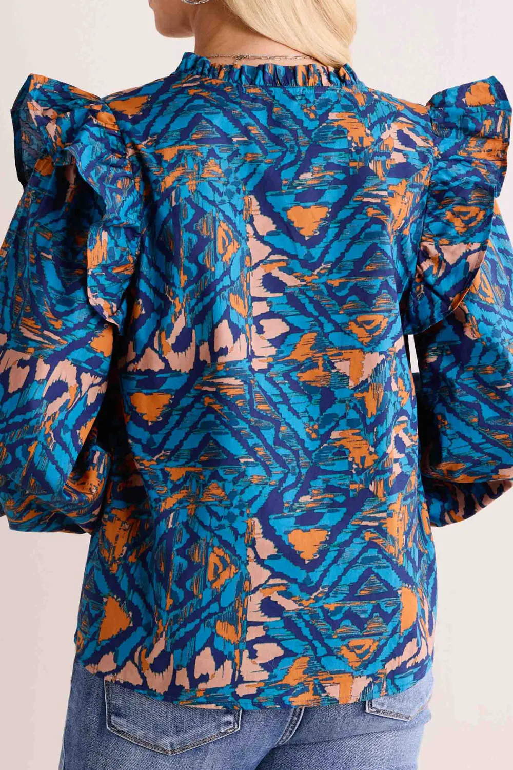 Blue Artistic Print Tie-Waist Long Sleeve Blouse