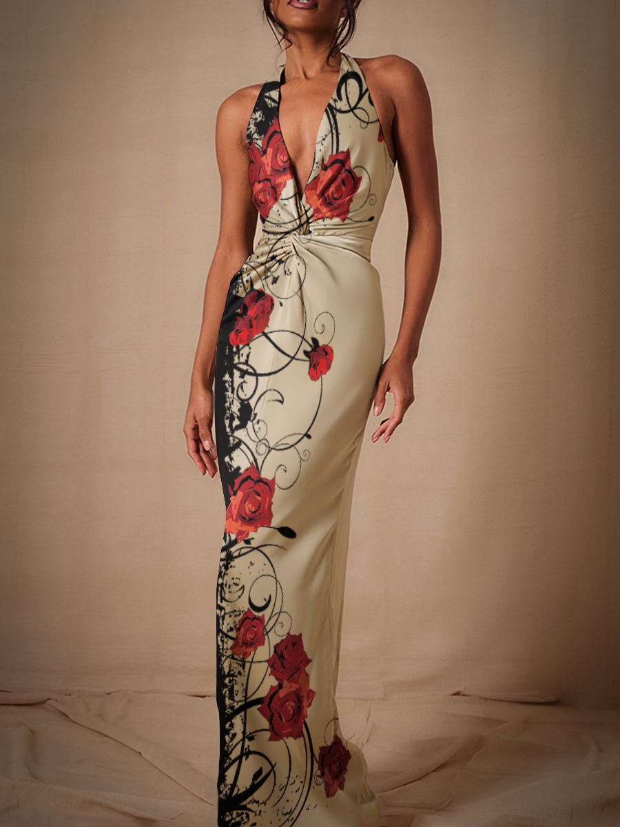 Sage Bridesmaid Satin Twist Plunge Halterneck Maxi Dress