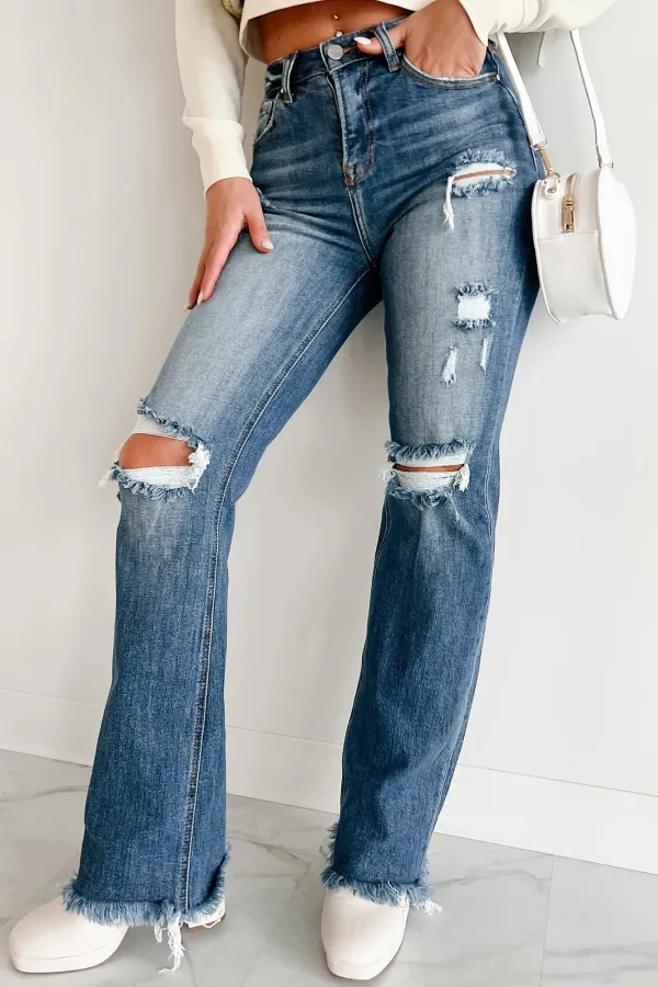High Rise Distressed Risen Straight Leg Jeans
