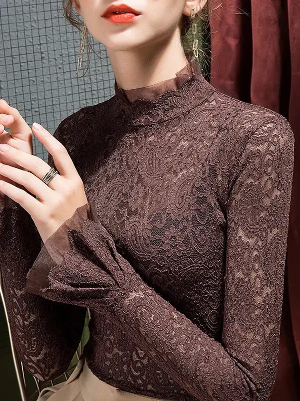 Flared Sleeve Long Sleeve Sheer Panel Detail Mock Neck T-Shirt