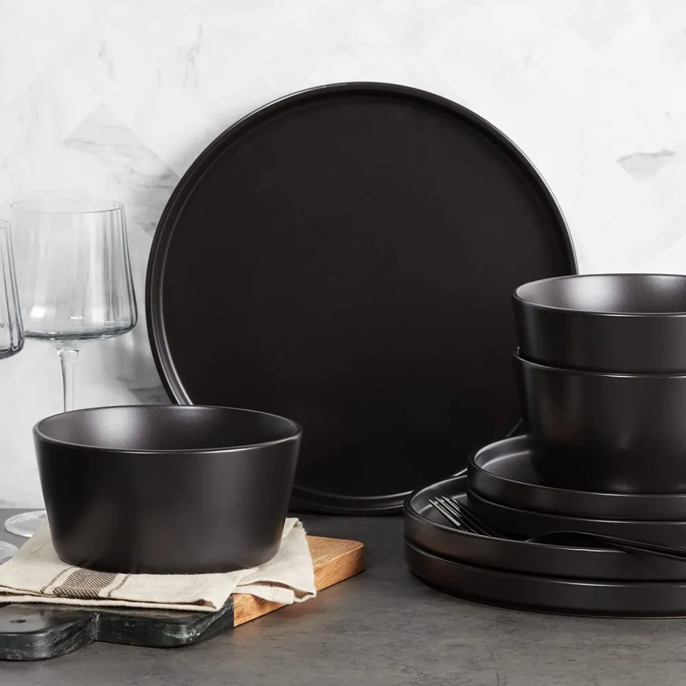 Stone Lain Coupe Dinnerware Set, Service For 8, Black Matte