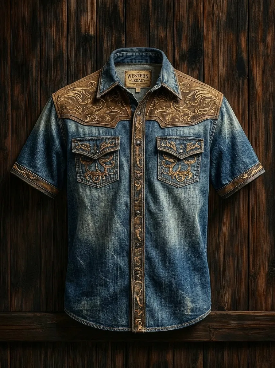 Men's Western Cowboy Floral Embroidery Printed Denim Shirt