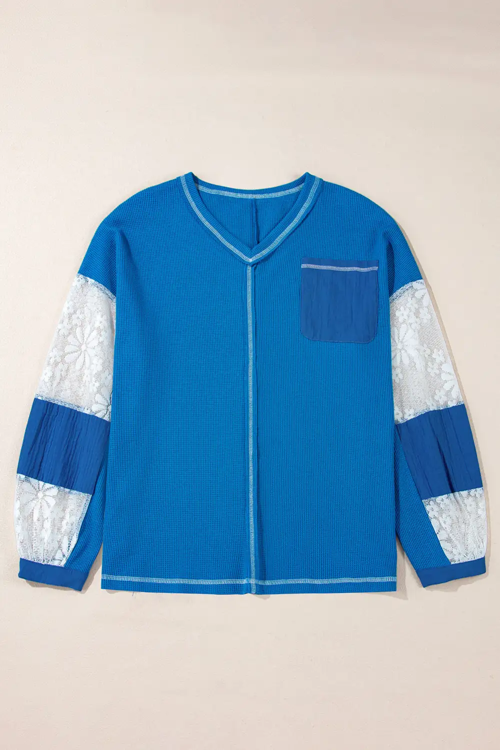 Floral Lace Trim Waffle Knit Blouse