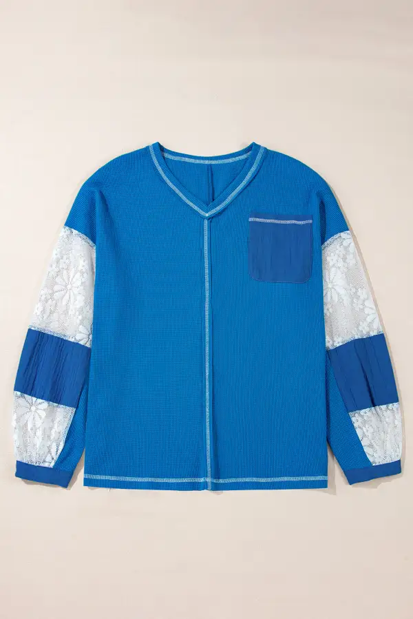 Floral Lace Trim Waffle Knit Blouse