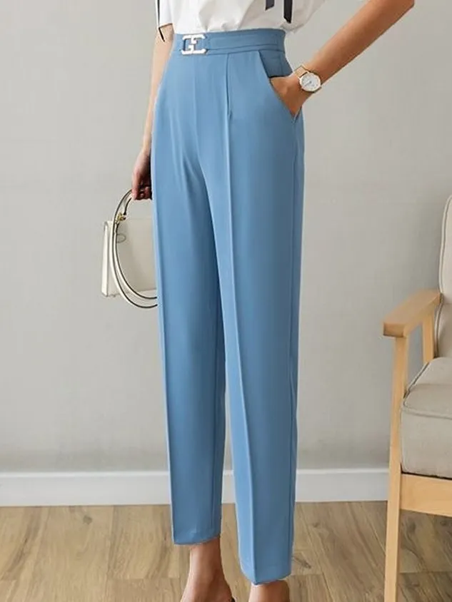 Casual Plain Natural Ankle Pants Pocket Stitching Slim Taper Pants