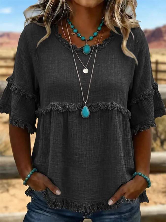 Women's Retro Art Fringed Casual Western Cotton And Linen Shirt