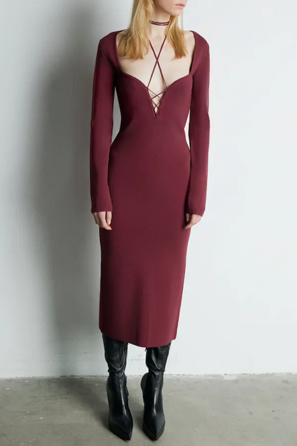 V-Neck Midi Dress-Black