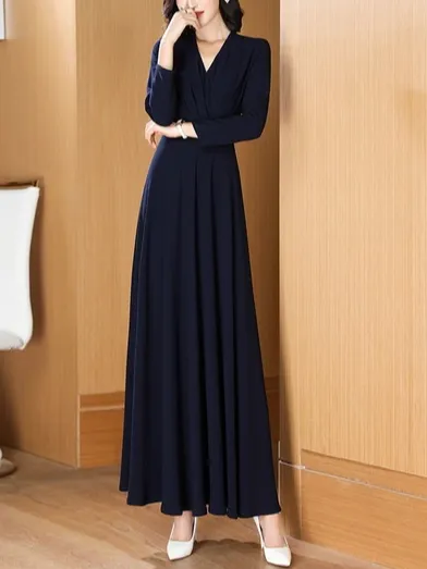 Women Plain V Neck Long Sleeve Comfy Casual Maxi Dress