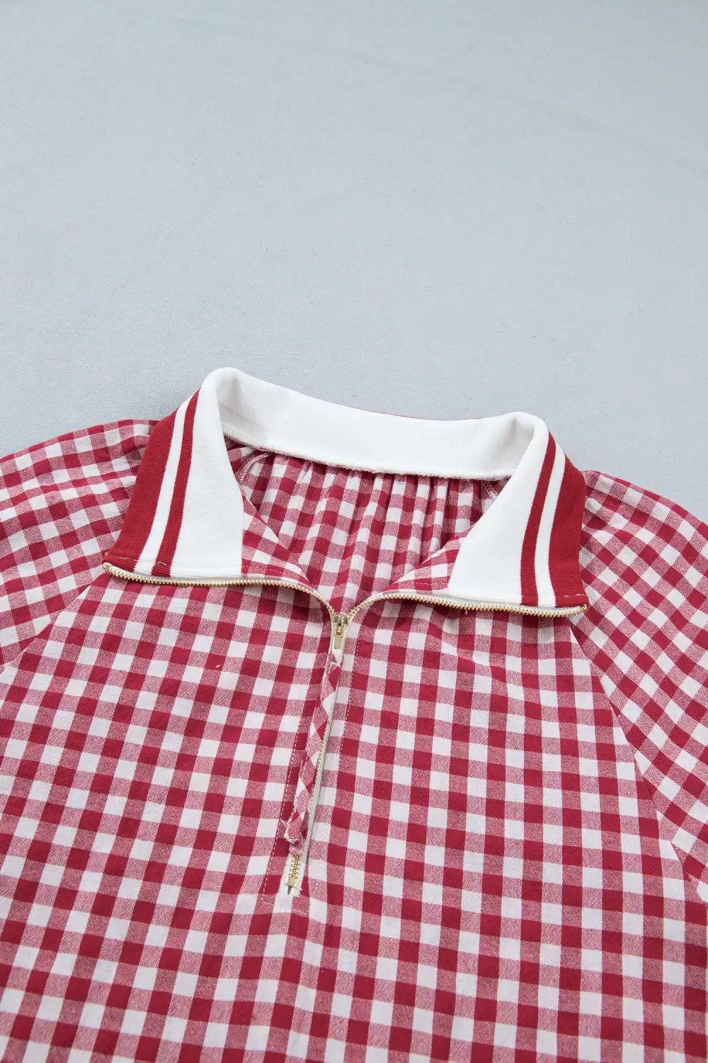 Red Gingham Striped Patchwork Half Zip Blouse