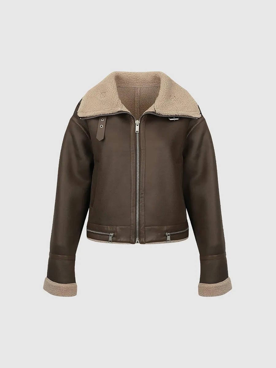 Lady's Brown Large Lapel Retro Leather Jacket