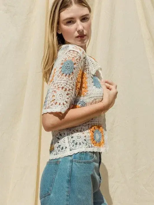 Bohemian Flair Short Sleeve Button Front Crochet Top