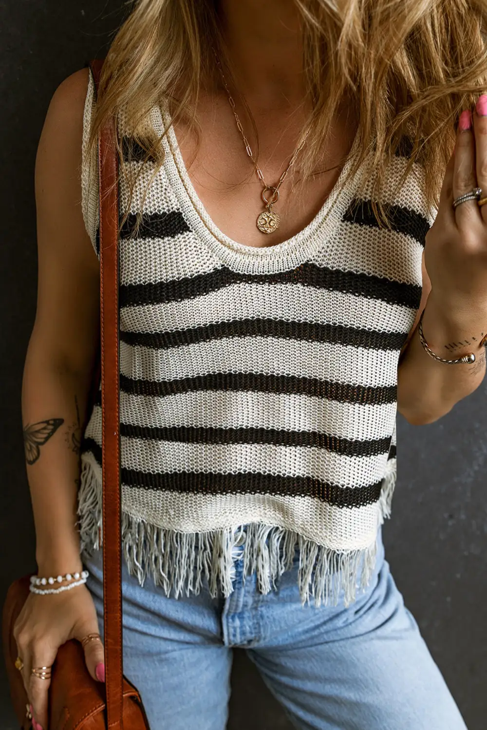 Stripe Loose Knit Fringe Tank Top