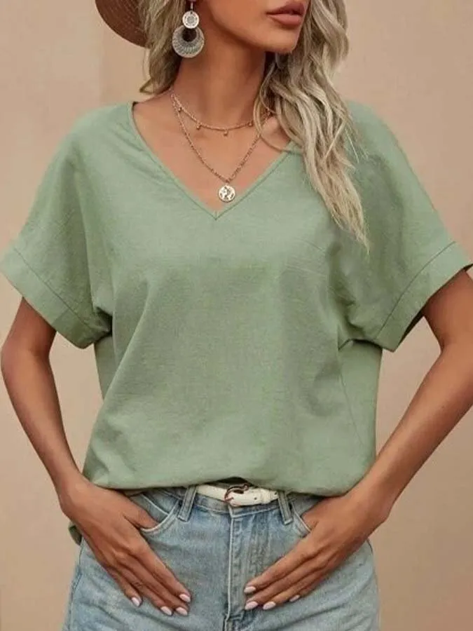 Women's Cotton Linen V-Neck Loose Top