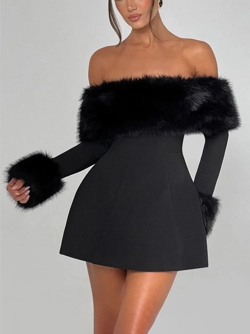 Playful Faux Fur Neckline Line Mini Dress