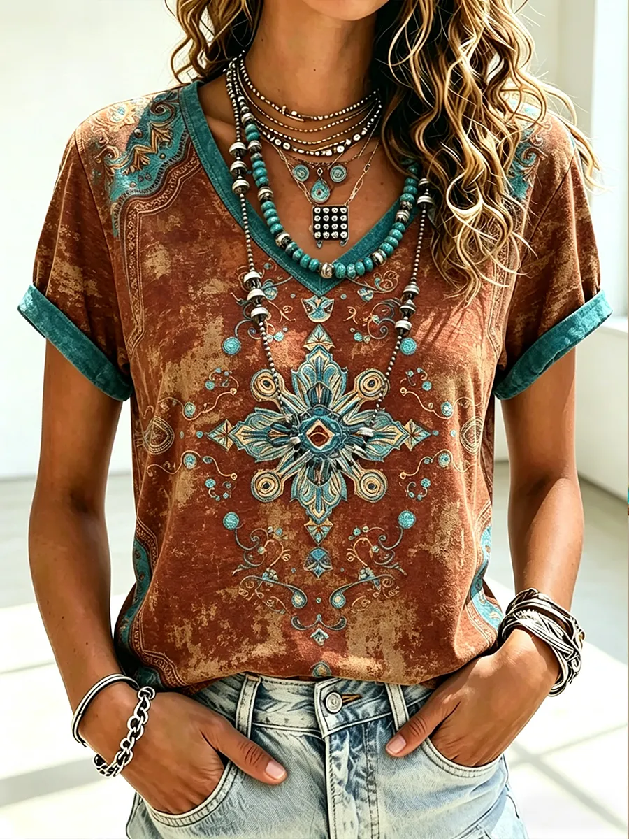 Women's Retro Western Ethnic Printed T-shirt