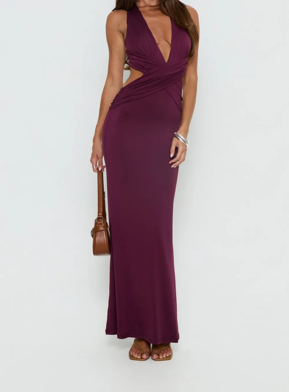 Frill Trim Plunge Neck Maxi Dress