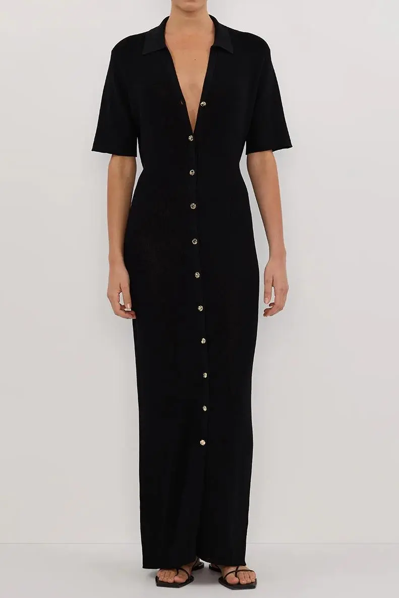 BLACK KNIT POLO MAXI DRESS