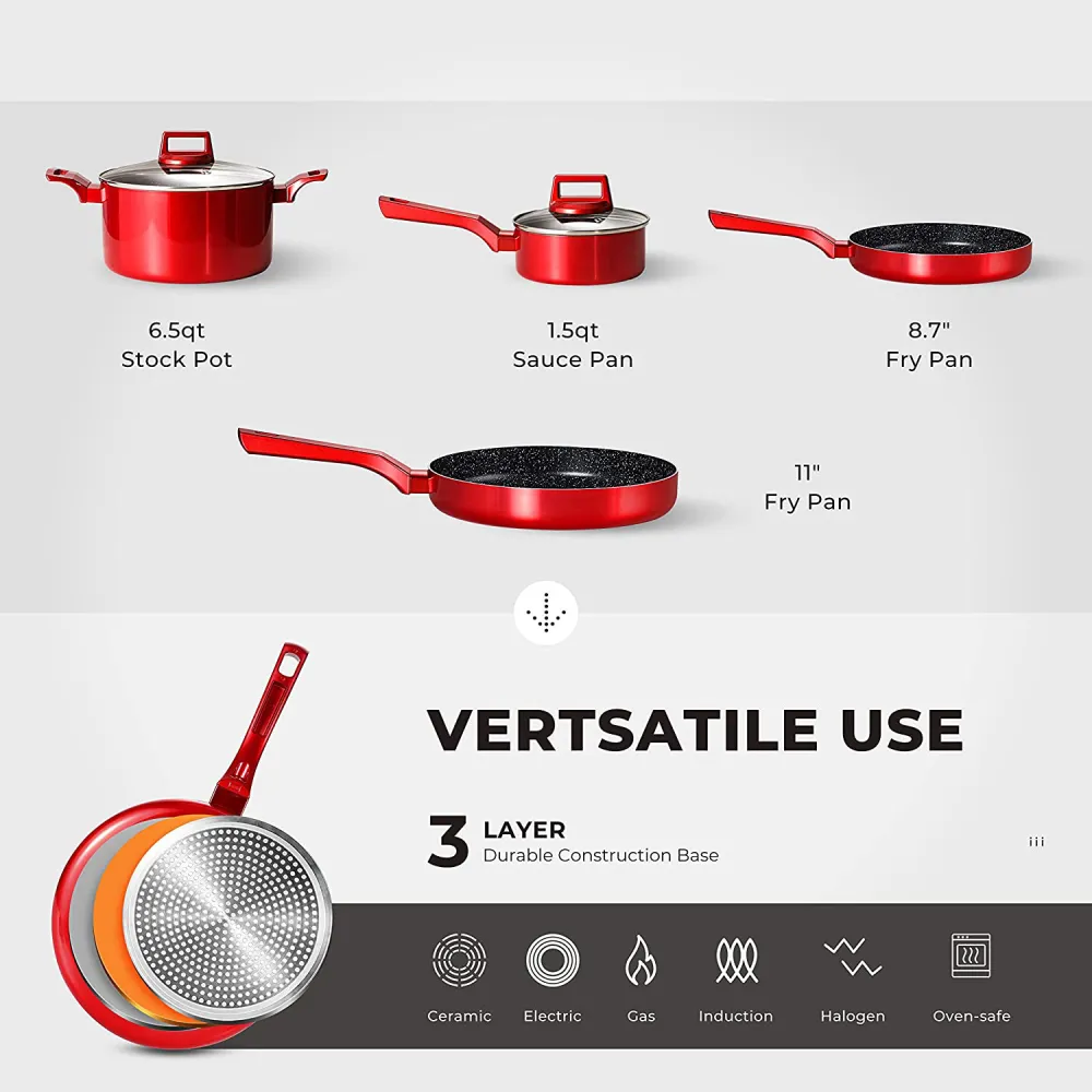 10 Pcs Pots and Pans Sets, Nonstick Cookware Set, Induction Pan Set, Chemical-Free Kitchen Sets, Saucepan, Saute Pan with Lid, Frying Pan, Red