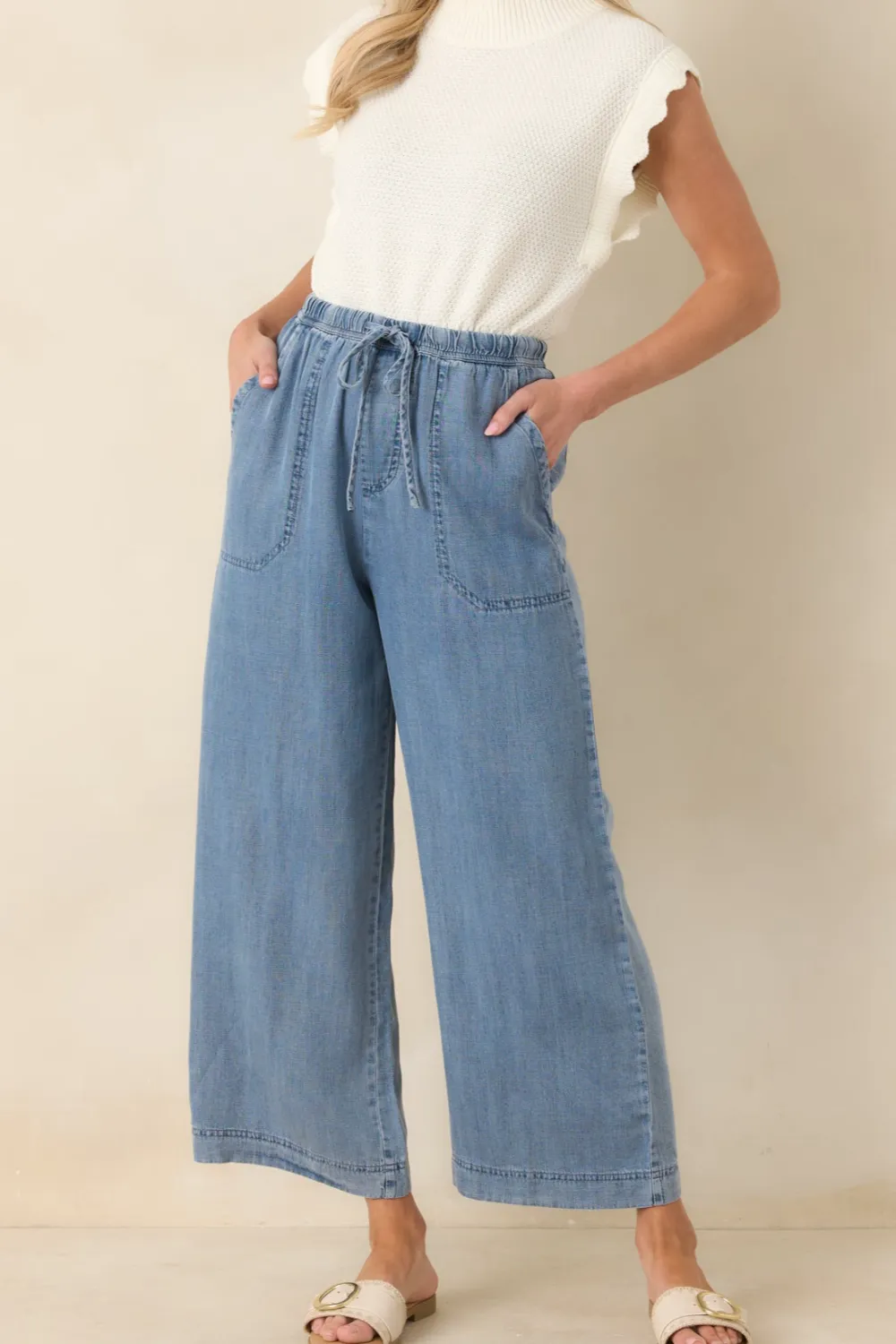 Medium Wash Denim Wide Leg Drawstring Pants