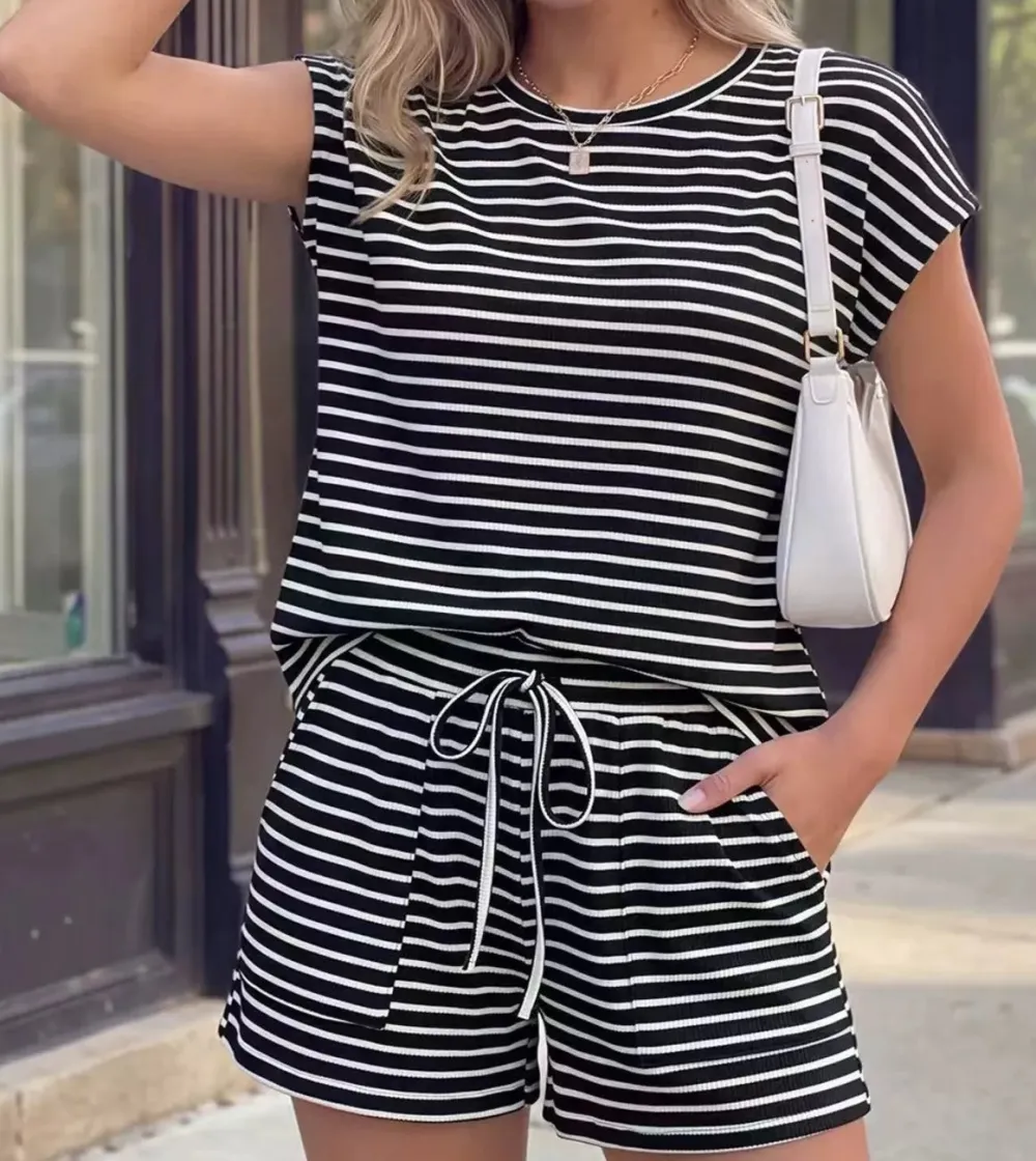 Striped Round Neck Tee and Shorts Set