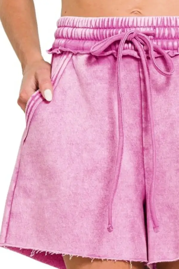Relaxed Acid Wash Fleece Drawstring Shorts with Pockets